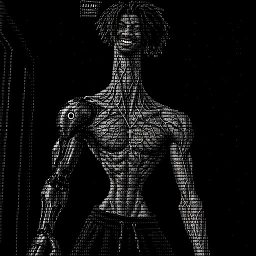 Black-and-white ASCII art of a muscular person standing with arms at sides.