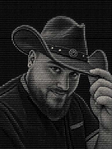 Grayscale ASCII portrait of a person tipping a cowboy hat.