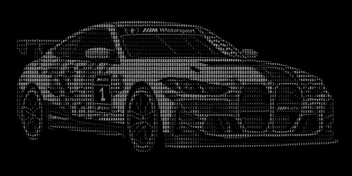 Black-and-white ASCII art of a sports car viewed from the front three-quarter angle