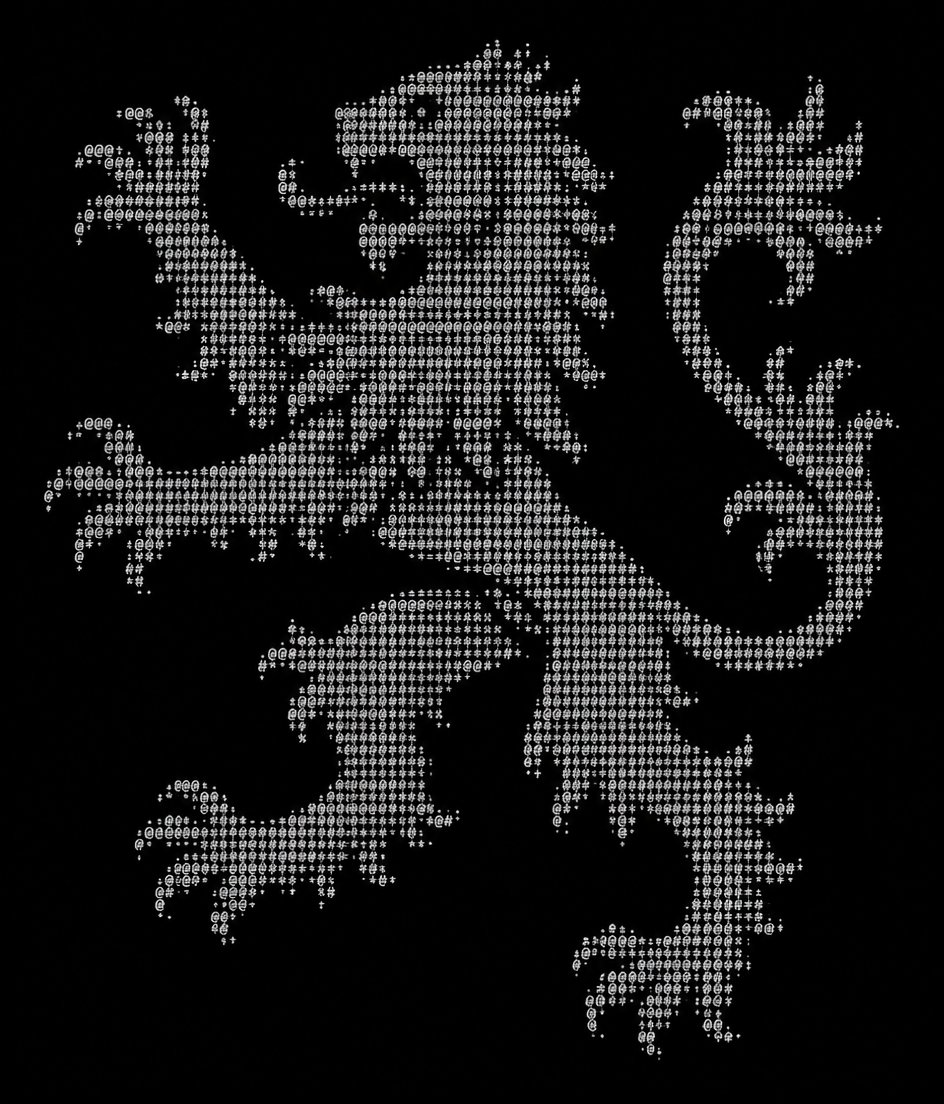 White ASCII art of a heraldic griffin on a black background.