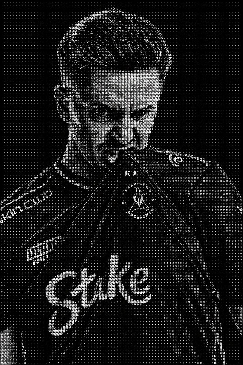 Monochrome ASCII portrait of a person in a racing suit.