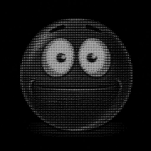 Black-and-white ASCII art of a round face with large eyes.