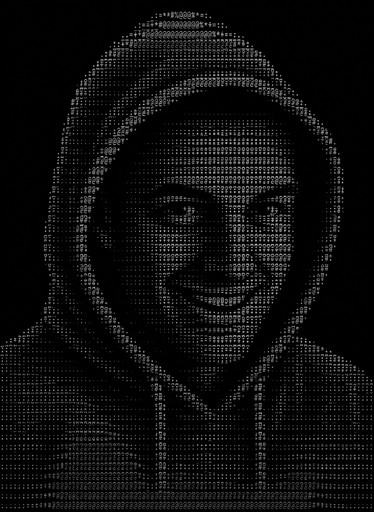 Monochrome ASCII portrait of a smiling person wearing a hooded sweatshirt.