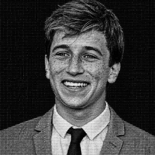 Grayscale ASCII-style portrait of a smiling person wearing a suit and tie