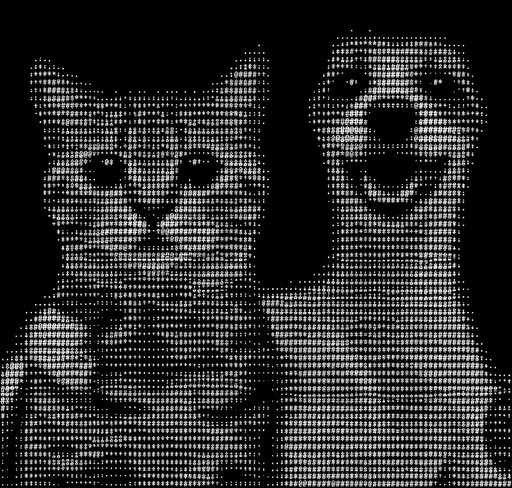 Monochrome ASCII art of a cat beside a smiling dog face.