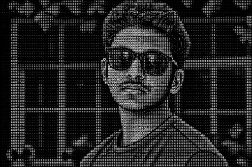ASCII-style portrait of a person wearing sunglasses in front of a window grid