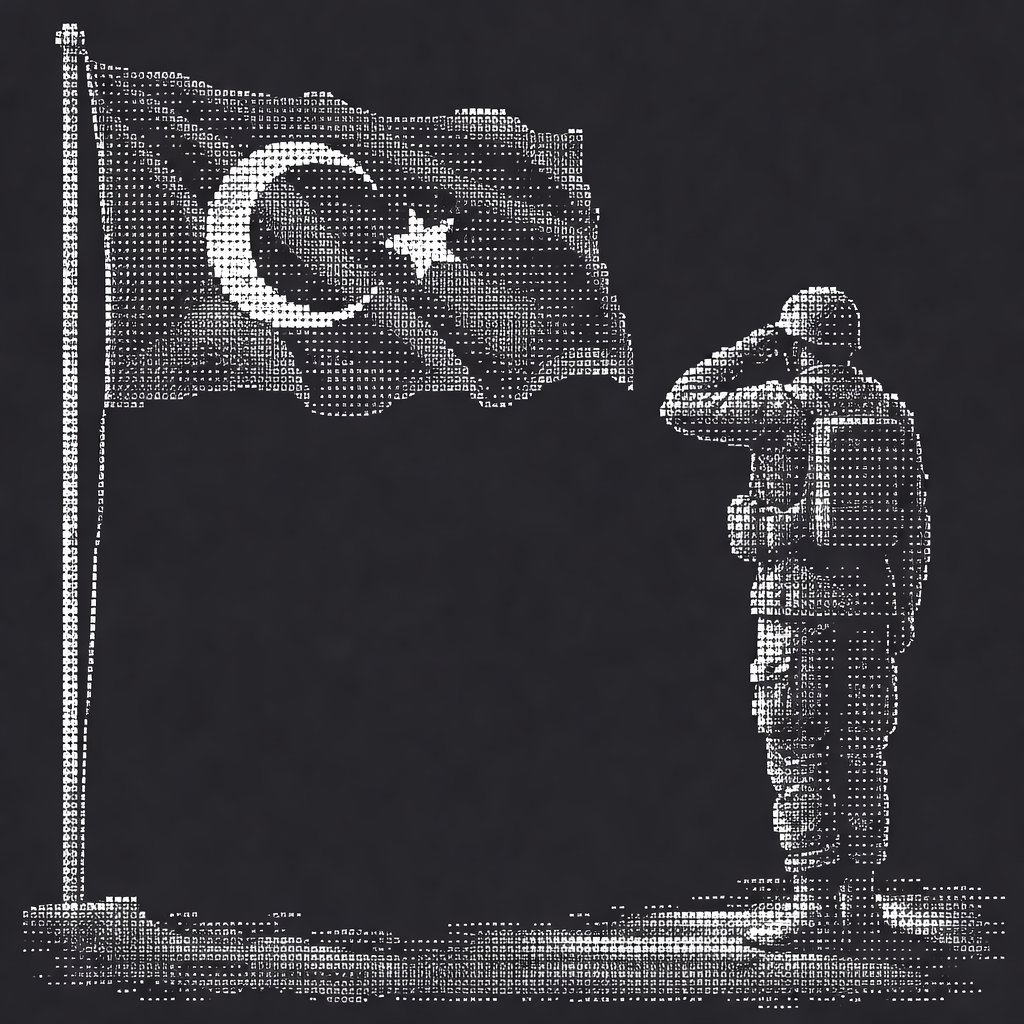 Turkish flag waving while a soldier in respect position front of the flag
