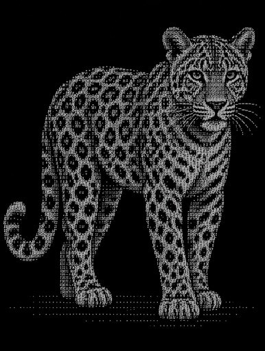 Black-and-white ASCII art of a spotted big cat standing upright.