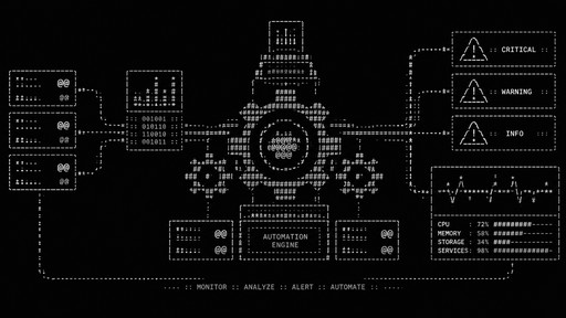 An abstract digital engine powering automated infrastructure alerts, with gears, server nodes, data streams, and monitoring signals. Clean, futuristic, technical, minimal.