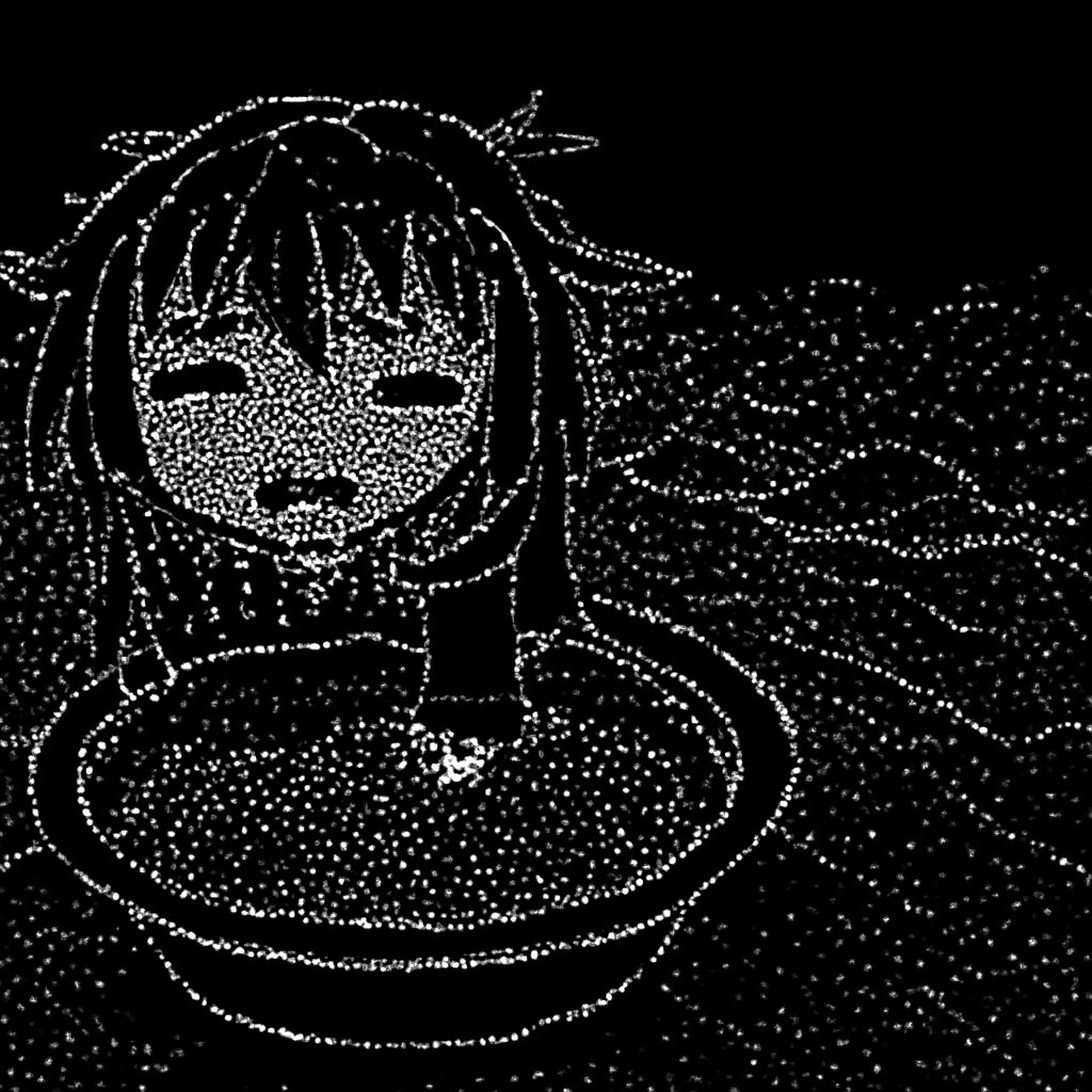 an anime character sitting in a bowl on a bed