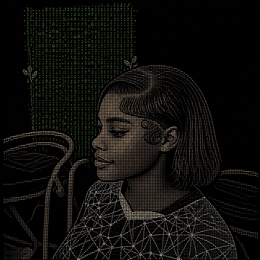 a woman sitting in front of a green wall