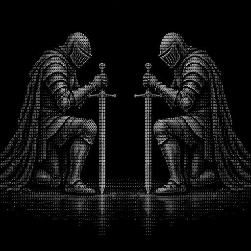 Create intricate, symmetrical ASCII text art of two fully armored medieval knights kneeling on one knee, facing each other in profile, each holding a longsword vertically with its tip touching the ground. Detailed helmets, plate armor, bent knees, realistic human proportions, swords clearly visible between them. Dark Souls atmosphere, gothic, dramatic, elegant composition. Pure keyboard characters only. No emojis, no stick figures, no labels, no extra decorations. Preserve exact spacing in a monospaced text block.