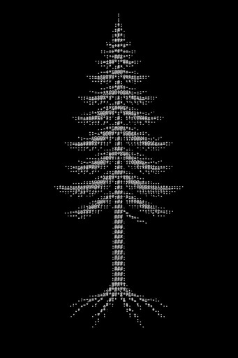 White ASCII-style tree with tiered branches and exposed roots on black background