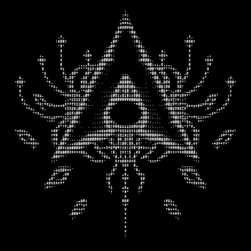 Monochrome ASCII art of a symmetrical abstract emblem with geometric and floral motifs.