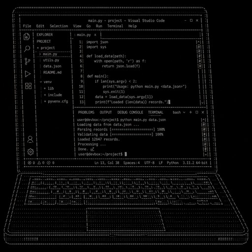 a 3d laptop with a coding IDE like vscode open with code being written and a terminal window open with scripts running. FULL ASCII art only