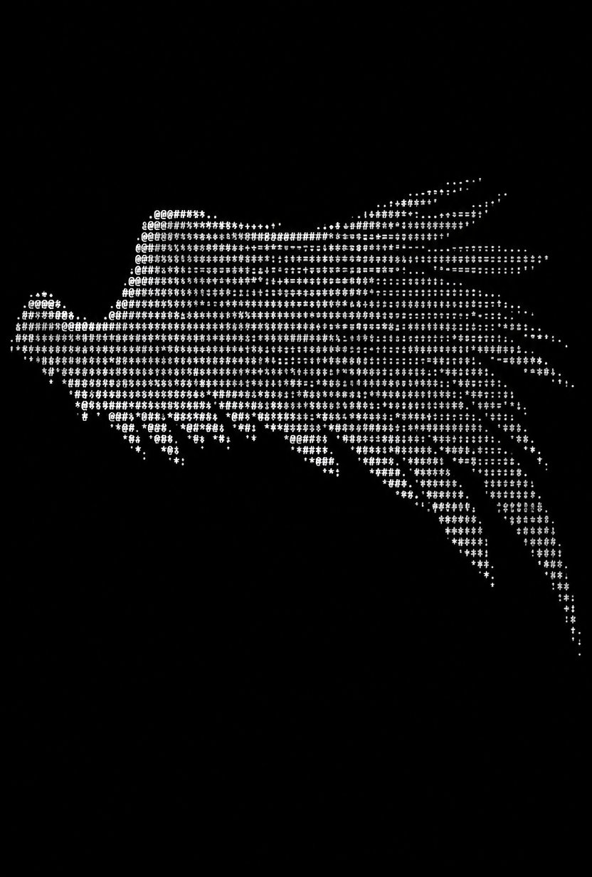 White ASCII art of a feather-like shape on a black background