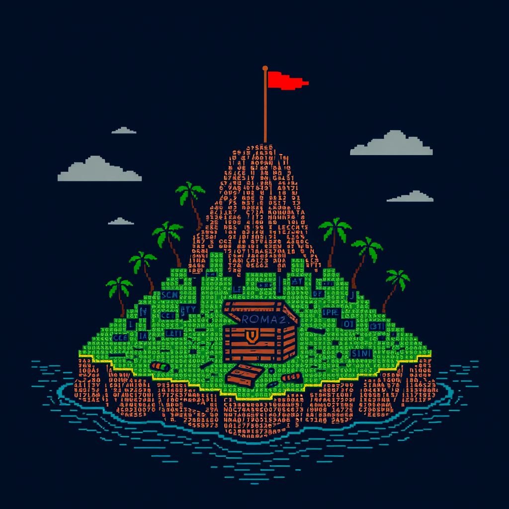island with treasure chest made with letters and numbers