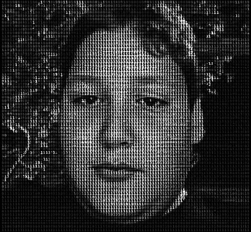 Monochrome ASCII portrait of a person with short hair.