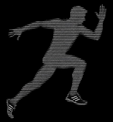 Gray ASCII figure running against a black background