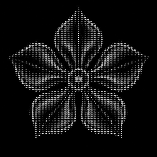 Myosotis or The Forget-Me-Not flower.
Create a front-facing ASCII art flowerhead inspired by the Myosotis/forget-me-not symbol used by the Index from Library of Ruina. Flowerhead only — NO stem, NO leaves.
The flower must be perfectly centered and radially symmetrical, with a small circular center and five broad, leaf-like petals radiating outward from it.
The petals should look like wide, curved flower-leaf surfaces viewed from the front, with layered inner contour lines that give them a 3D/folded appearance. They should extend clearly outward in five directions rather than forming a closed oval or rose.
Do NOT draw a rose, daisy, generic flower, or individual thin petal outlines. The petals should resemble broad flowing shapes, like five curved pieces of fabric/leaf material spreading from the center.
Use detailed ASCII/Unicode linework, with the central point exactly centered horizontally and vertically. Keep the entire flowerhead symmetrical around that center. radial flowerhead glyph,Do not enclose the flower in an outer circle or oval.