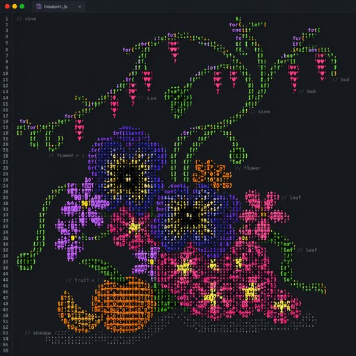 Colorful ASCII art of flowers, foliage, and pumpkins arranged in a decorative garden scene