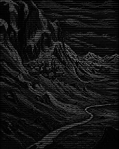 Monochrome ASCII landscape showing mountains, trees, and a winding river.