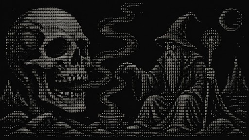 a skull on the left and a wizard in green on the right. stoner metal influenced.