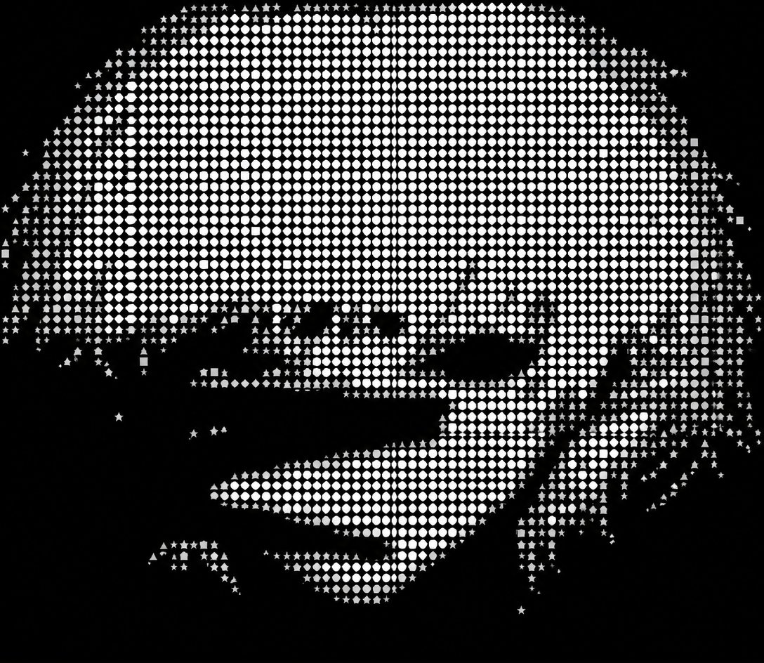 Black-and-white halftone ASCII portrait of a person looking sideways