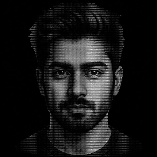 Convert this portrait into ASCII art. Make it dense with a wide range of shading characters (use symbols like @ % # * + = - : . from darkest to lightest) to capture smooth tonal gradients. Preserve strong contrast in the eyes, eyebrows, nose shadow, beard, and hairline so facial features stay sharp and recognizable — don't flatten them into uniform gray blocks. Keep the background empty/blank with minimal or no characters. Maintain the original aspect ratio without stretching or distorting the face.