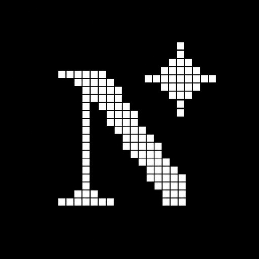 White pixel-art letter N with a sparkle on a black background