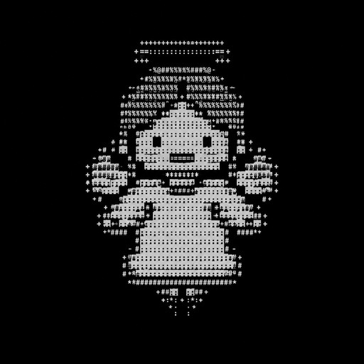 White ASCII art of a person with arms outstretched on a black background