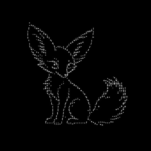 A small cute fennec fox made entirely from Unicode characters, NOT a cat. Minimal Japanese kaomoji / Unicode art style, recognizable pointed fox ears, narrow fox muzzle, fluffy tail, elegant and aesthetically pleasing, compact enough for a Discord bio, no box, no shading blocks.