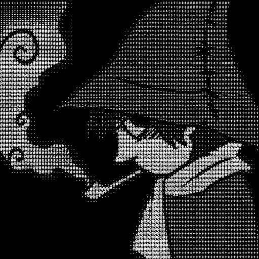 Monochrome ASCII-style image of a person reclining beside a small animal.
