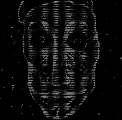 Black-and-white ASCII portrait of a stylized face with large eyes.