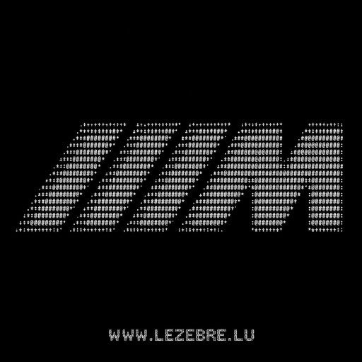Monochrome ASCII art spelling “LEZEBRE” with a website URL below