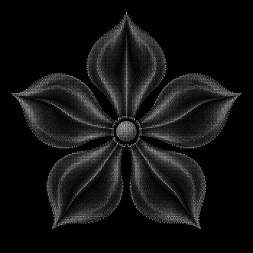 Myosotis or The Forget-Me-Not flower.
Create a front-facing ASCII art flowerhead inspired by the Myosotis/forget-me-not symbol used by the Index from Library of Ruina. Flowerhead only — NO stem, NO leaves.
The flower must be perfectly centered and radially symmetrical, with a small circular center and five broad, leaf-like petals radiating outward from it.
The petals should look like wide, curved flower-leaf surfaces viewed from the front, with layered inner contour lines that give them a 3D/folded appearance. They should extend clearly outward in five directions rather than forming a closed oval or rose.
Do NOT draw a rose, daisy, generic flower, or individual thin petal outlines. The petals should resemble broad flowing shapes, like five curved pieces of fabric/leaf material spreading from the center.
Use detailed ASCII/Unicode linework, with the central point exactly centered horizontally and vertically. Keep the entire flowerhead symmetrical around that center. radial flowerhead glyph,Do not enclose the flower in an outer circle or oval.