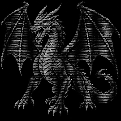 A highly detailed realistic fantasy dragon, full body,
front-facing three-quarter view, large clearly recognizable
dragon head, two sharp horns, glowing eyes, open mouth with
visible sharp teeth, large powerful wings spread wide on both
sides, muscular neck and body, four legs with sharp claws,
long curved dragon tail, scales and strong silhouette.
Make it unmistakably a DRAGON, not a dog, wolf, dinosaur,
snake, monster or humanoid.

Create it as clean terminal-compatible ASCII art using only
standard keyboard characters such as / \ _ | ( ) < > ^ # * + - =.
No emoji, no Unicode blocks, no colored symbols.

Keep the entire artwork compact enough for a 52-column
terminal and preserve the dragon's recognizable shape.