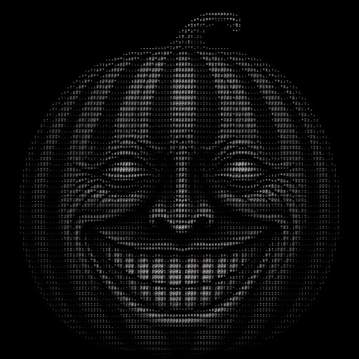 Monochrome ASCII art portrait of a smiling person’s face.