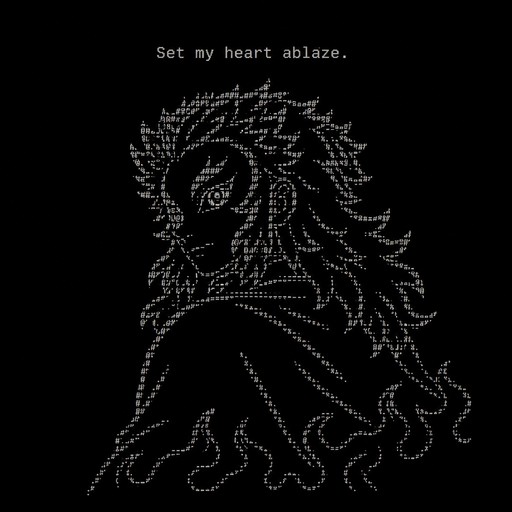 ASCII art of a fiery-maned lion with a flowing, flame-like silhouette.