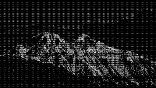 Monochrome ASCII art of a rugged mountain range beneath a dark sky
