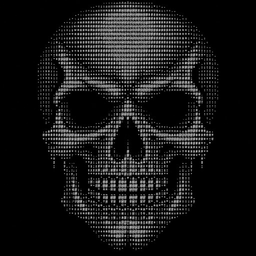A large detailed gothic skull made entirely from keyboard ASCII characters, symmetrical front-facing skull, hollow eyes, nose cavity, teeth, dark terminal style, monochrome, designed to fit inside an 80-column terminal, no Unicode, no emojis, only ASCII characters
