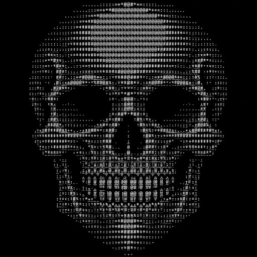 A large detailed gothic skull made entirely from keyboard ASCII characters, symmetrical front-facing skull, hollow eyes, nose cavity, teeth, dark terminal style, monochrome, designed to fit inside an 80-column terminal, no Unicode, no emojis, only ASCII characters