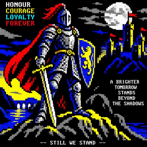 a knight in armor holding a sword, medieval ASCII art, block shading style, monochrome, dramatic lighting