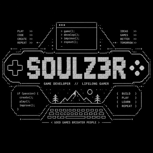 Create a highly detailed, stylish ASCII art logo centered around the gamertag **"soulz3r"**.

Theme: **game developer + gamer**. Make it feel like a developer's personal terminal/console identity — retro gaming meets modern game development.

The word **SOULZ3R** should be the main focus, large and clearly readable. Surround it with subtle ASCII elements inspired by:

* a game controller
* keyboard / terminal symbols
* code brackets and programming syntax
* pixel art
* a small game window or HUD
* subtle geometric/technical elements

Style: **clean, badass, nerdy, retro-futuristic, pixel-art inspired**, with a strong developer aesthetic. Avoid generic hacker imagery, skulls, guns, or excessive cyberpunk clichés.

Use only characters that render reliably in a terminal. Prefer ASCII characters such as:
`# @ $ % & * + = - _ | / \ < > [ ] ( )`

Make the composition symmetrical and compact enough to work as a terminal banner. Keep **SOULZ3R** extremely readable even at normal terminal font sizes.

Output **only the finished ASCII artwork**, with no explanation, markdown fences, or surrounding text.