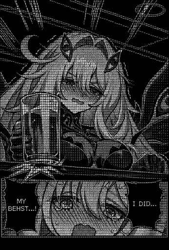 Monochrome manga-style panels showing a person with long hair and text boxes