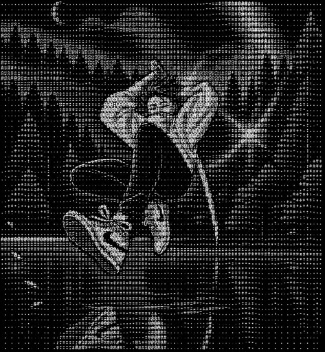 Monochrome ASCII art of a person performing an aerial dance above water.