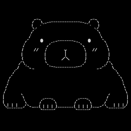 Create a front-facing, symmetrical ASCII/Unicode line-art recreation of the exact animal shown in the reference image. It is a cute, very wide and chubby capybara-like animal sitting/standing directly facing the viewer.
The head is large, wide, and almost rectangular/rounded-square, occupying the upper center of the design. The top of the head is relatively flat, with two small rounded ears positioned near the upper left and upper right corners. The ears are small compared with the huge head.
There are two small dark oval eyes, positioned far apart and symmetrically on the upper-middle part of the face.
The most important feature is the large, wide, rounded-rectangle/oval muzzle in the exact center of the face. The muzzle is much larger than the eyes. It has a simple dark nose/mouth shape in the center: a small branching line that goes downward and splits slightly at the bottom. The muzzle should look broad, soft, and prominent, giving the animal a distinctly capybara-like face.
The cheeks are broad and rounded. Add two small diagonal cheek marks/blush lines on each side of the muzzle.
The body extends outward from underneath the head into a very wide, rounded, chunky body. The silhouette should be much wider than it is tall. The animal has short, thick front limbs/paws extending diagonally outward on both sides, ending near the lower left and lower right. These limbs should look like short chunky paws, not wings or flippers.
Near the bottom center are two small rounded front paws/feet, positioned symmetrically with a gap between them. Each paw has a simple rounded rectangular shape with a few short vertical toe lines.
The entire animal should look wide, low, chunky, cute, and symmetrical, with a large head and large muzzle. Do NOT make it look like a bear, dog, rabbit, duck, penguin, bird, or humanoid animal.
Recreate the composition and silhouette of the reference image, using only text characters such as ╭ ╮ ╰ ╯ ╱ ╲ │ ─ _ / \ ( ) . and similar Unicode box-drawing