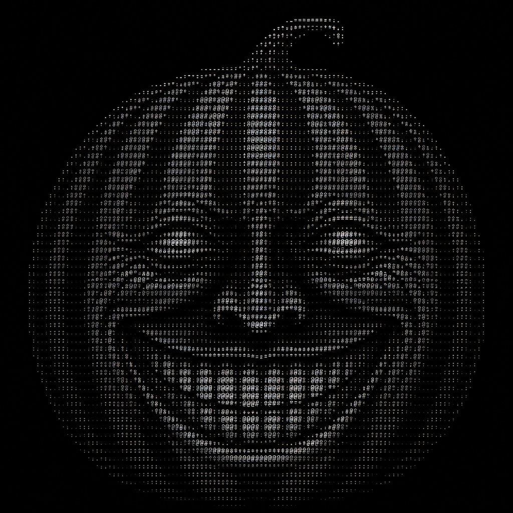 Monochrome ASCII art portrait of a smiling person’s face.
