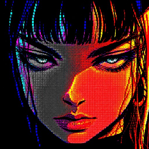 Colorful ASCII-style portrait of a person with vivid red, blue, and yellow shading.