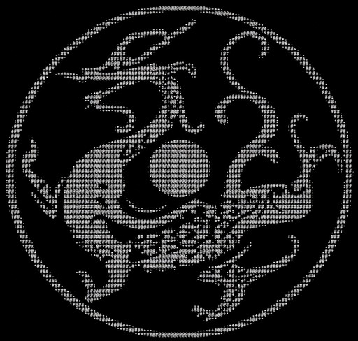 ASCII art of a dragon encircling a moon within a circular border